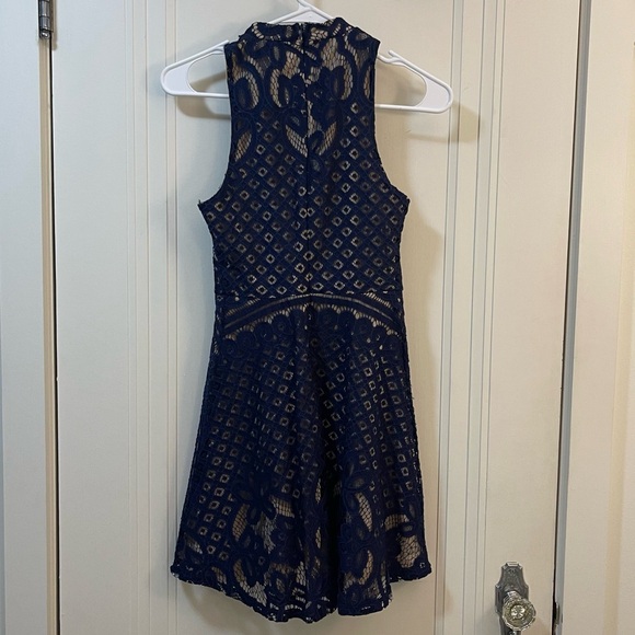 Love Fire Navy Blue and Tan Lace Overlay Fit and Flare Dress - Picture 2 of 4